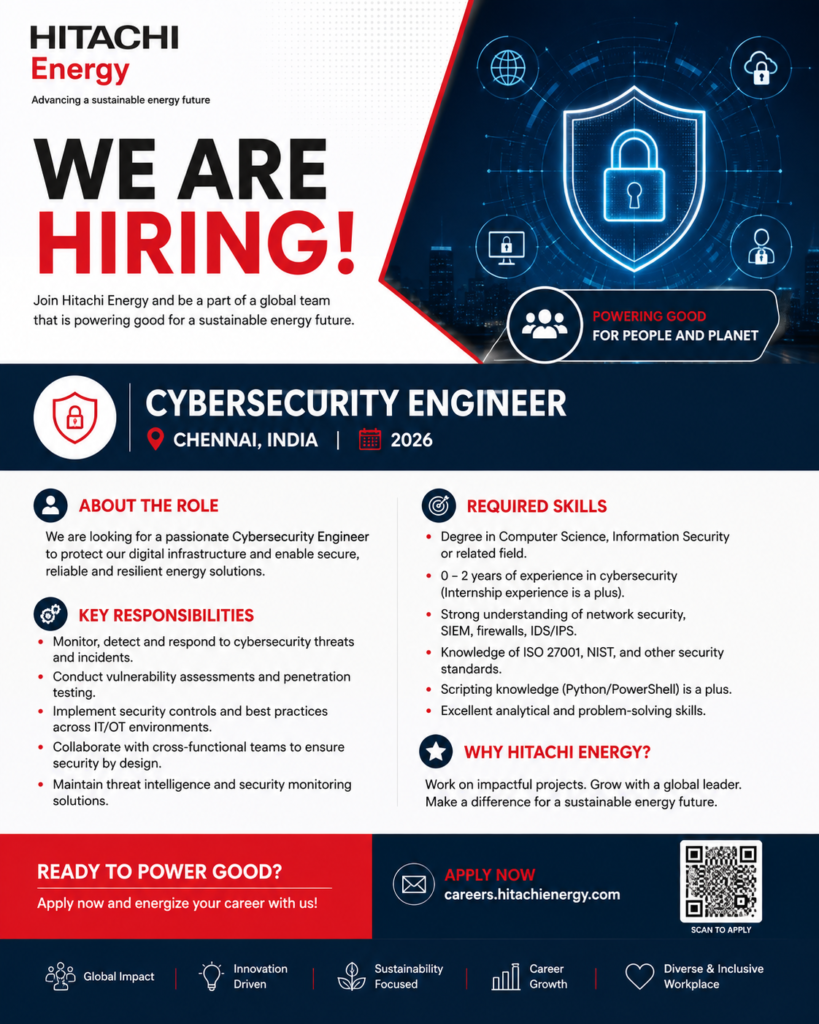 Hitachi Energy Hiring Cybersecurity Engineer in Chennai 2026